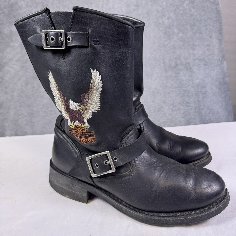 Harley Davidson Eagle Boots Mens 9.5 Harness Pull On Buckle Biker Leather Grunge